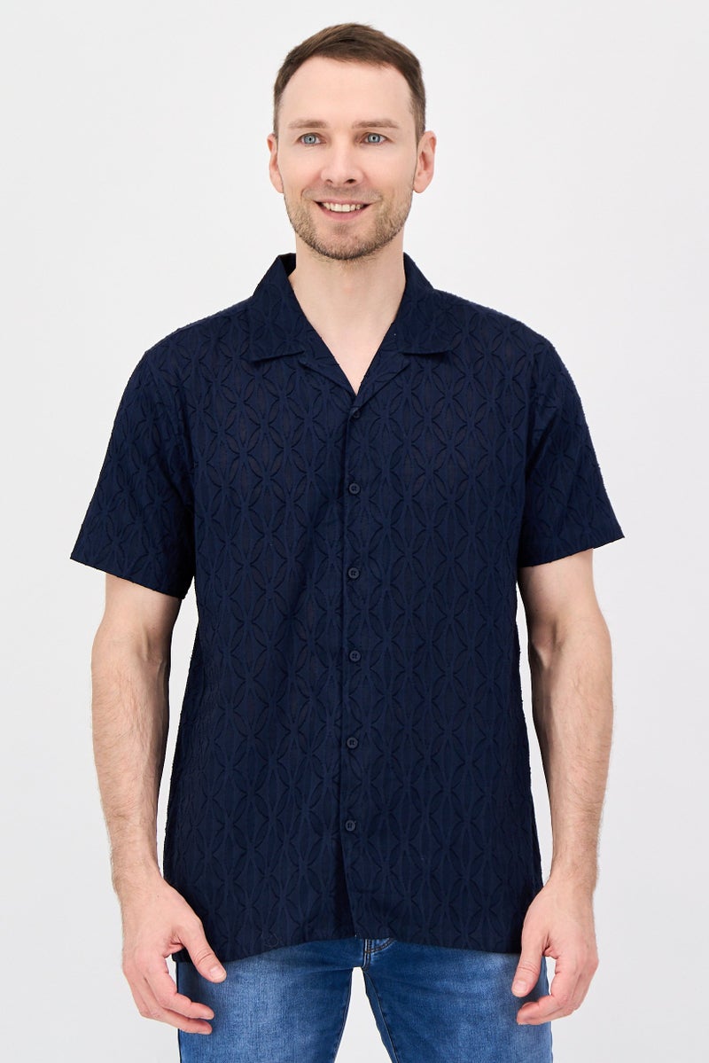 Threadbare Men Regular Fit Short Sleeve Textured Casual Shirt, Navy - Image 1